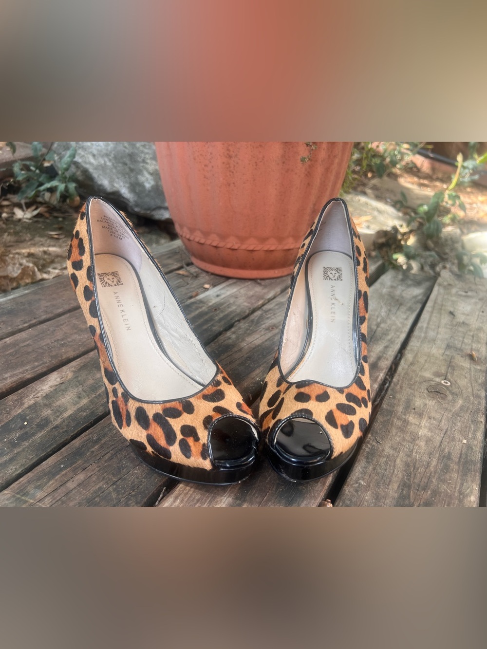 Anne Klein Leopard-Print Peep-Toe Heels in Tan and Black